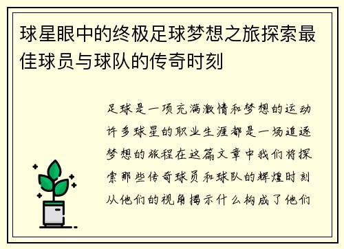 球星眼中的终极足球梦想之旅探索最佳球员与球队的传奇时刻